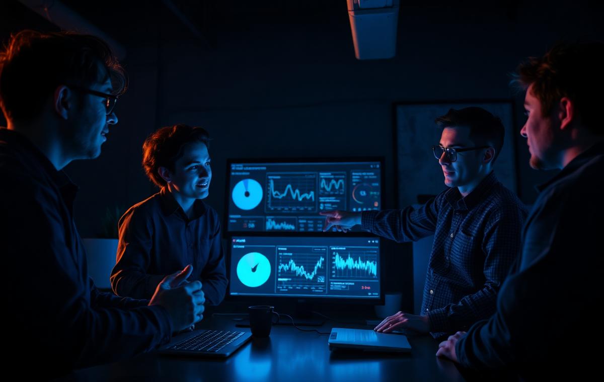 A small founding team reviewing live company dashboards together